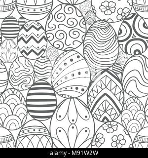 Easter eggs in gray outline random on white background. Cute hand drawn seamless pattern design for Easter festival in vector illustration. Stock Vector