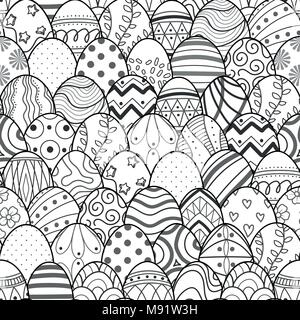 Easter eggs in black outline random on white background. Cute hand drawn seamless pattern design for Easter festival in vector illustration. Stock Vector