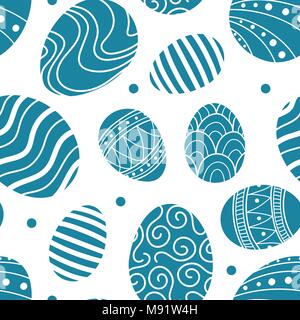 Easter eggs in blue silhouette and dots random on white background. Cute hand drawn seamless pattern design for Easter festival in vector illustration Stock Vector