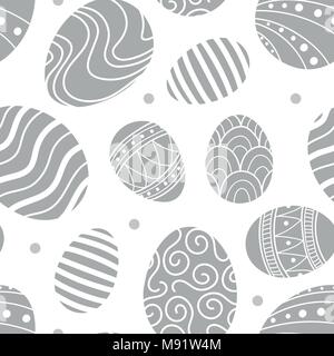 Easter eggs in light gray silhouette and dots random on white background. Cute hand drawn seamless pattern design for Easter festival in vector illust Stock Vector