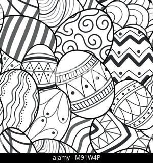 Easter eggs in black outline random on white background. Cute hand drawn seamless pattern design for Easter festival in vector illustration. Stock Vector