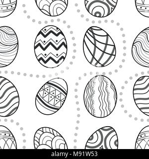 Easter eggs in black outline and dots line up on white background. Cute hand drawn seamless pattern design for Easter festival in vector illustration. Stock Vector