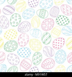 Easter eggs in pastel outline random on white background. Cute hand drawn seamless pattern design for Easter festival in vector illustration. Stock Vector