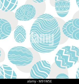 Easter eggs in pastel blue silhouette and light gray plane random on white background. Cute hand drawn seamless pattern design for Easter festival in  Stock Vector