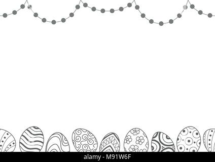 Easter eggs in gray outline and dots line up on top and bottom of picture on white background. Cute hand drawn seamless pattern design for Easter fest Stock Vector
