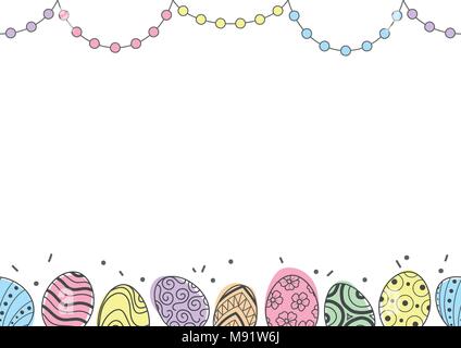 Easter eggs in gray outline and colorful plane and dots line up at top and bottom of picture on white background. Cute hand drawn seamless pattern des Stock Vector