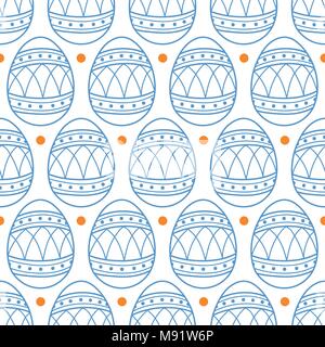 Easter eggs in blue outline and orange dots on white background. Cute hand drawn seamless pattern design for Easter festival in vector illustration. Stock Vector