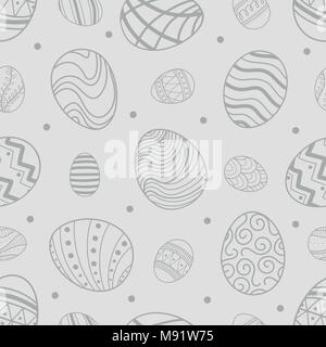 Easter eggs in gray outline and dots random on light gray background. Cute hand drawn seamless pattern design for Easter festival in vector illustrati Stock Vector