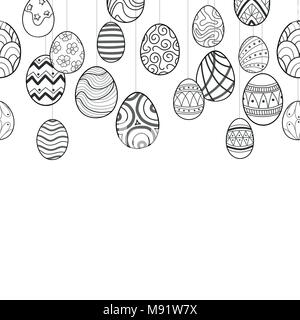 Easter eggs in black outline hang on white background. Cute hand drawn seamless pattern design for Easter festival in vector illustration. Stock Vector