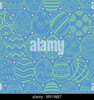 Easter eggs in green outline pink dots random on blue background. Cute hand drawn seamless pattern design for Easter festival in vector illustration. Stock Vector