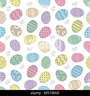 Easter eggs in light gray outline and colorful plane with bunny random on white background. Cute hand drawn seamless pattern design for Easter festiva Stock Vector