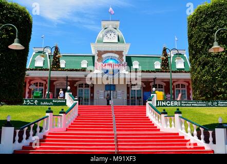 Coomera, Queensland, Australia - January 9, 2018. Exterior view of entrance to Dreamworld theme park, with stairs, building and people. Stock Photo