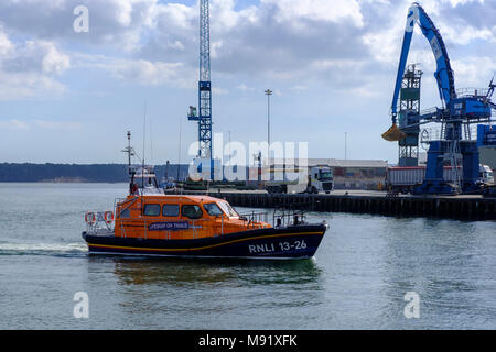 RNLI. Royal National Lifeboat Institution. John Metters  Shannon Class Lifeboat on trails in Poole harbour Dorset UK Stock Photo