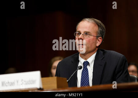 Michael Y. Scudder speaks during his confirmation hearing to become a United States Federal Judge before the Senate Judiciary Committee on Capitol Hill in Washington, D.C. on March 21, 2018. Credit: Alex Edelman / CNP /MediaPunch Stock Photo