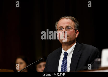 Michael Y. Scudder speaks during his confirmation hearing to become a United States Federal Judge before the Senate Judiciary Committee on Capitol Hill in Washington, D.C. on March 21, 2018. Credit: Alex Edelman / CNP /MediaPunch Stock Photo