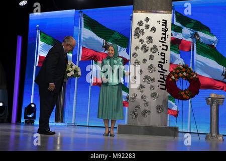 Tirana, Albania. 20th Mar, 2018. Maryam Rajavi, Rudy Giuliani, Iranian New Year - Maryam Rajavi, Mayor Rudy Giuliani, and a number of Albanian political figures attended a ceremony marking the Iranian New Year, Nowruz, on March 20, 2018, at a gathering of members of the People's Mojahedin Organization of Iran (PMOI/MEK) in Albania. Credit: Siavosh Hosseini/Alamy Live News Stock Photo