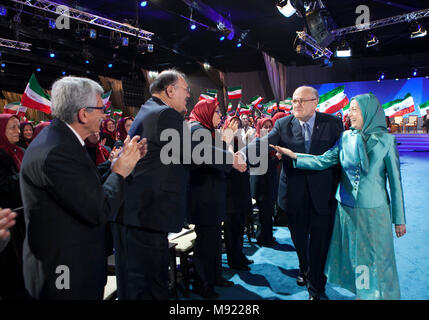 Tirana, Albania. 20th Mar, 2018. Maryam Rajavi, Rudy Giuliani, Iranian New Year - Maryam Rajavi, Mayor Rudy Giuliani, and a number of Albanian political figures attended a ceremony marking the Iranian New Year, Nowruz, on March 20, 2018, at a gathering of members of the People's Mojahedin Organization of Iran (PMOI/MEK) in Albania. Credit: Siavosh Hosseini/Alamy Live News Stock Photo