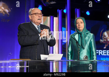 Tirana, Albania. 20th Mar, 2018. Maryam Rajavi, Rudy Giuliani, Iranian New Year - Maryam Rajavi, Mayor Rudy Giuliani, and a number of Albanian political figures attended a ceremony marking the Iranian New Year, Nowruz, on March 20, 2018, at a gathering of members of the People's Mojahedin Organization of Iran (PMOI/MEK) in Albania. Credit: Siavosh Hosseini/Alamy Live News Stock Photo