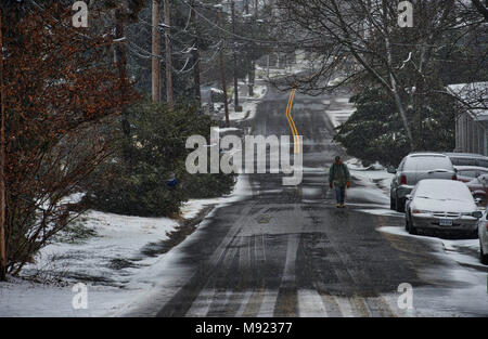 Western Loudoun, USA. 20th Mar, 2018. Tom Clark of Bluemont makes his way back up the mountain along Snickersville Turnpike with supplies from the Bluemont General Store. The late season snow storm had intensified by this afternoon with the forecast calling for 8 or more inches of snow by tomorrow morning.(Photo by Douglas Graham/Loudoun Now) Credit: William Graham/Alamy Live News Stock Photo