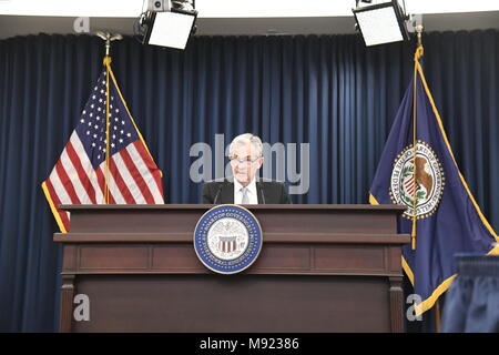 (180321) -- WASHINGTON, March 21, 2018 (Xinhua) -- U.S. Federal Reserve Chair Jerome Powell speaks during a news conference in Washington D.C., the United States, on March 21, 2018. The U.S. Federal Reserve on Wednesday raised the benchmark interest rate by 25 basis points, its first rate hike in 2018. (Xinhua/Yang Chenglin) Stock Photo