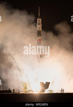 Baikonur Cosmodrome, Kazakhstan. 21st Mar, 2018.  The Russian Soyuz MS-08 rocket lifts off carrying the International Space Station Expedition 55 crew from the Baikonur Cosmodrome March 21, 2018 in Baikonur, Kazakhstan. Russian cosmonaut Oleg Artemyev of Roscosmos and American astronauts Ricky Arnold and Drew Feustel of NASA will spend the next five months living and working aboard the International Space Station. Credit: Planetpix/Alamy Live News Stock Photo