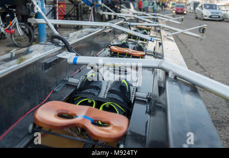 Putney, London, UK. 21 March 2018. Boat Race Practice Outing.  As preparation for the The Cancer Research UK Boat Races on 24 March 2018, the crews participate in Practice Outings.  GV. The CUBC Goldie boat. Credit: Duncan Grove/Alamy Live News Stock Photo