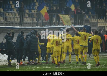 The Romanian team celebrating the victory after the UEFA European Under 19 Championship 2018, Elite Round Group 4 -  game between Romania and Serbia, Photo: Cronos/Cristian Stavri, Ploiesti, March 21.2018 Stock Photo