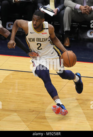 New Orleans, LA, USA. 20th Mar, 2018. New Orleans Pelicans guard Ian Clark (2) dribbles the ball against Dallas Mavericks at the Smoothie King Center in New Orleans, LA. Stephen Lew/CSM/Alamy Live News Stock Photo