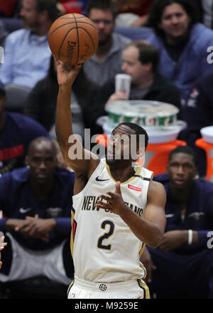 New Orleans, LA, USA. 20th Mar, 2018. New Orleans Pelicans guard Ian Clark (2) shoots a jump shot against Dallas Mavericks at the Smoothie King Center in New Orleans, LA. Stephen Lew/CSM/Alamy Live News Stock Photo