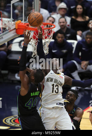 New Orleans, LA, USA. 20th Mar, 2018. New Orleans Pelicans forward Cheick Diallo (13) blocks the shot of Dallas Mavericks forward Harrison Barnes (40) at the Smoothie King Center in New Orleans, LA. Stephen Lew/CSM/Alamy Live News Stock Photo