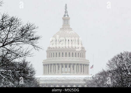 (180321) -- WASHINGTON, March 21, 2018 (Xinhua) -- The dome of the Capitol is covered with snow in Washington, DC, the United States, on March 21, 2018. A late-season nor'easter, the fourth of its kind in three weeks, is targeting the northeast United States on Wednesday, bringing heavy snow and strong winds to the region. Washington, which is already snow-covered, is expected to see up to 6 inches of snow, as some models suggesting much high totals for the capital. Federal offices are closed for the snowstorm as the White House announced early Wednesday that all public events for the day wer Stock Photo