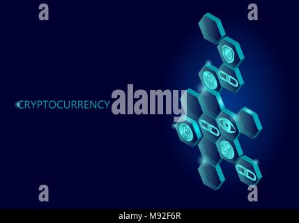 Blockchain blue isometric composition. Flat glowing hexagon sign safety shield Bitcoin Ethereum Ripple coin cryptocurrency online global 3d payment digital mining vector illustration Stock Vector