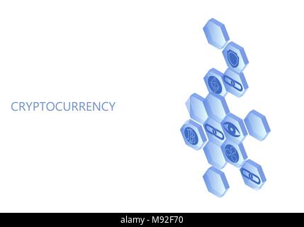 Blockchain blue isometric composition. Flat glowing hexagon sign safety shield Bitcoin Ethereum Ripple coin cryptocurrency online global 3d payment digital mining vector illustration Stock Vector