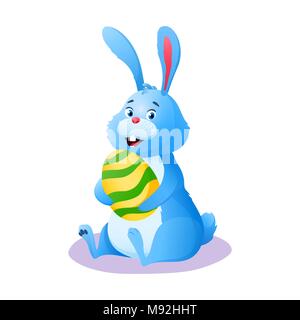 Flat happy easter Bunny. Cute smiling cartoon Easter rabbit sitting with paschal painted chocolate egg isolated on white background. Decoration for holiday greeting card. Colorful vector illustration. Stock Vector