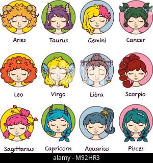 Set of horoscope signs as women. Zodiac for girls. Vector illustration of astrological signs. Girls with closed eyes. Stock Vector