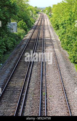Section of double track near Whitstable, Kent, UK, showing 750v DC third rail electrified lines. Stock Photo