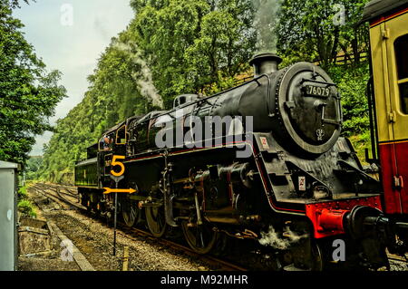 Black 5 76079 steam train entering Goathland Station on the North York Moors Railway Stock Photo