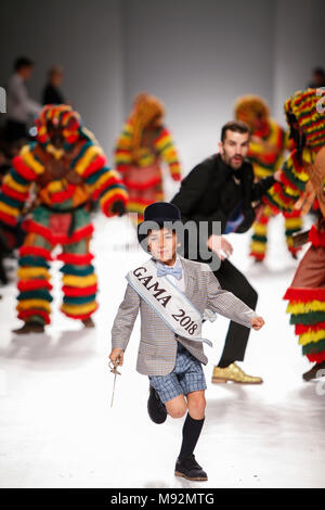 Model walks the cat walk Nuno Gama F/W 18-19 collection runway show at 50 edition of Lisboa Fashion Week, on March 10, 2018 in Lisbon, Portugal Stock Photo