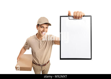 Delivery guy showing a blank clipboard isolated on white background Stock Photo