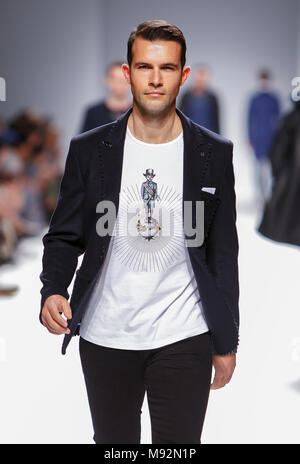 Model walks the cat walk Nuno Gama F/W 18-19 collection runway show at 50 edition of Lisboa Fashion Week, on March 10, 2018 in Lisbon, Portugal Stock Photo