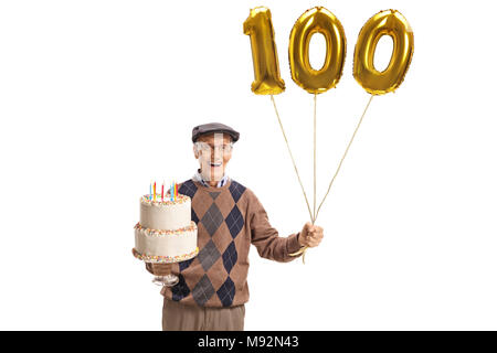 Happy senior with a birthday cake and a number hundred balloon isolated on white background Stock Photo