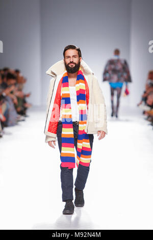 Model walks the cat walk Nuno Gama F/W 18-19 collection runway show at 50 edition of Lisboa Fashion Week, on March 10, 2018 in Lisbon, Portugal Stock Photo