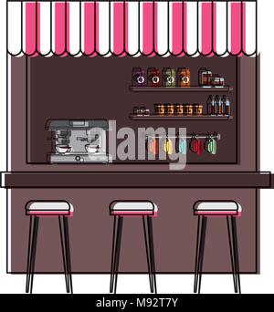 coffee shop machine espresso stools and shelf Stock Vector