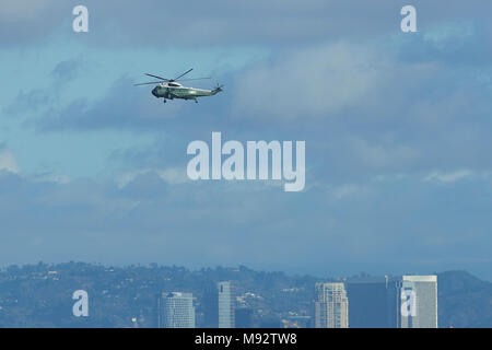 Presidential Helicopter, Marine One, Carrying President Donald Trump To Los Angeles International Airport, LAX, California, USA. 14 March 2014. Stock Photo