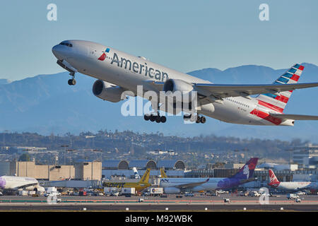 American Airlines Boeing 777 Long Haul Passenger Jet Taking Off From Los Angeles International Airport, LAX, California, USA. Stock Photo