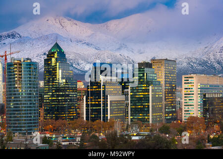 Office buildings at the Financial district with Los Andes Mountains in the back, Las Condes, Santiago de Chile Stock Photo