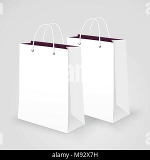 Mock up gift paper bags, vector realistic layout design package for shopping. Set of white packets in a semi-profile for your design, volumetric with  Stock Vector