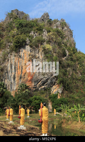Myanmar, Mon State, landscape, monk statues, hill, Stock Photo