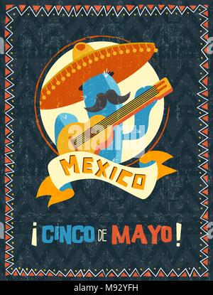 Happy Cinco de Mayo party poster. Traditional mexican celebration illustration of funny mariachi cactus with vintage texture. EPS10 vector. Stock Vector