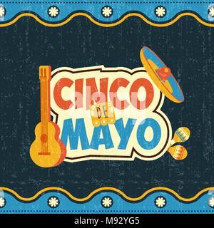 Cinco de mayo party celebration poster. Festive mexico typography text with traditional mariachi decoration and vintage background.EPS10 vector. Stock Vector